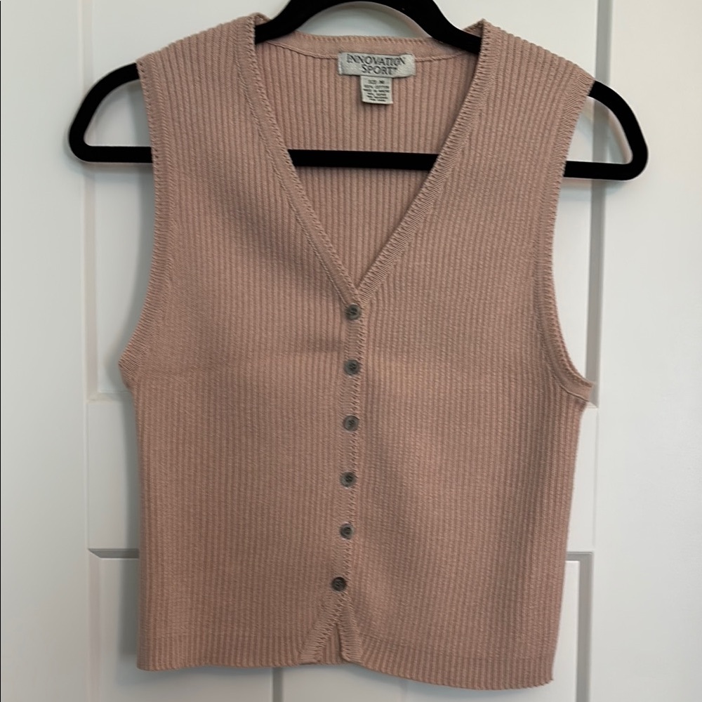 Tan Ribbed Knit Vest with V-Neckline